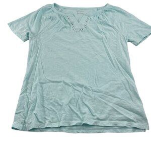 Talbots Light Blue Cotton Crochet Neck Top Medium Short Sleeve T shirt top